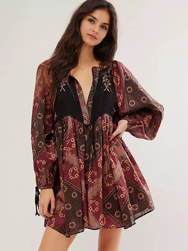 Casual V-neck Printed Over Sized Long Sleeve Lace up Mini Shift Dress