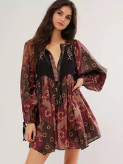 Casual V-neck Printed Over Sized Long Sleeve Lace up Mini Shift Dress