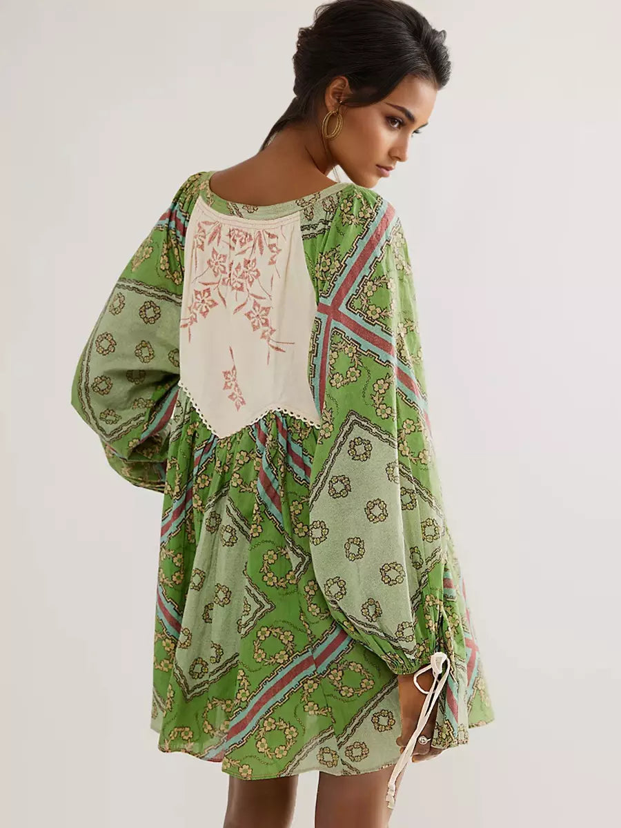 Casual V-neck Printed Over Sized Long Sleeve Lace up Mini Shift Dress