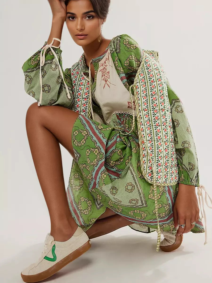 Casual V-neck Printed Over Sized Long Sleeve Lace up Mini Shift Dress