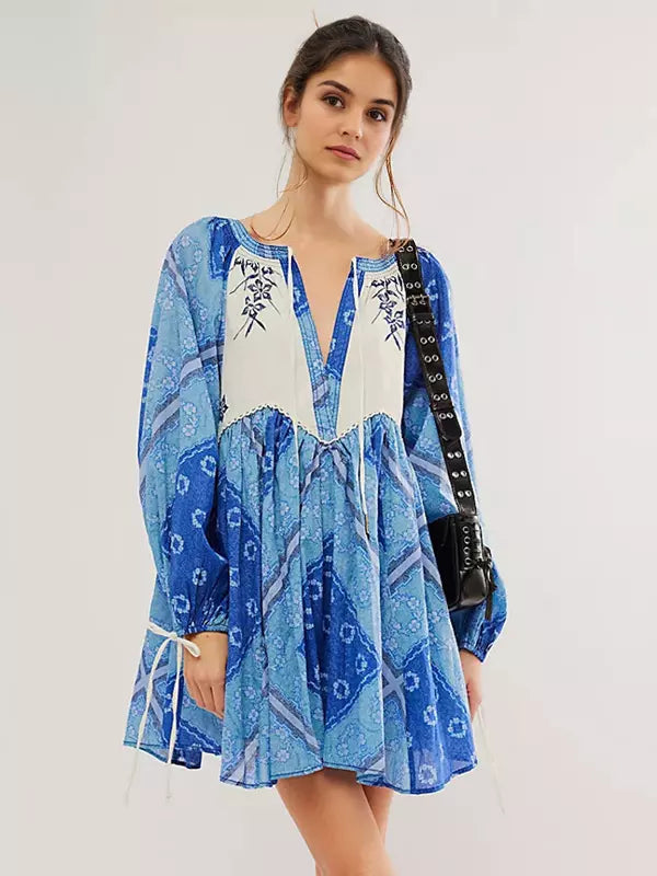 Casual V-neck Printed Over Sized Long Sleeve Lace up Mini Shift Dress