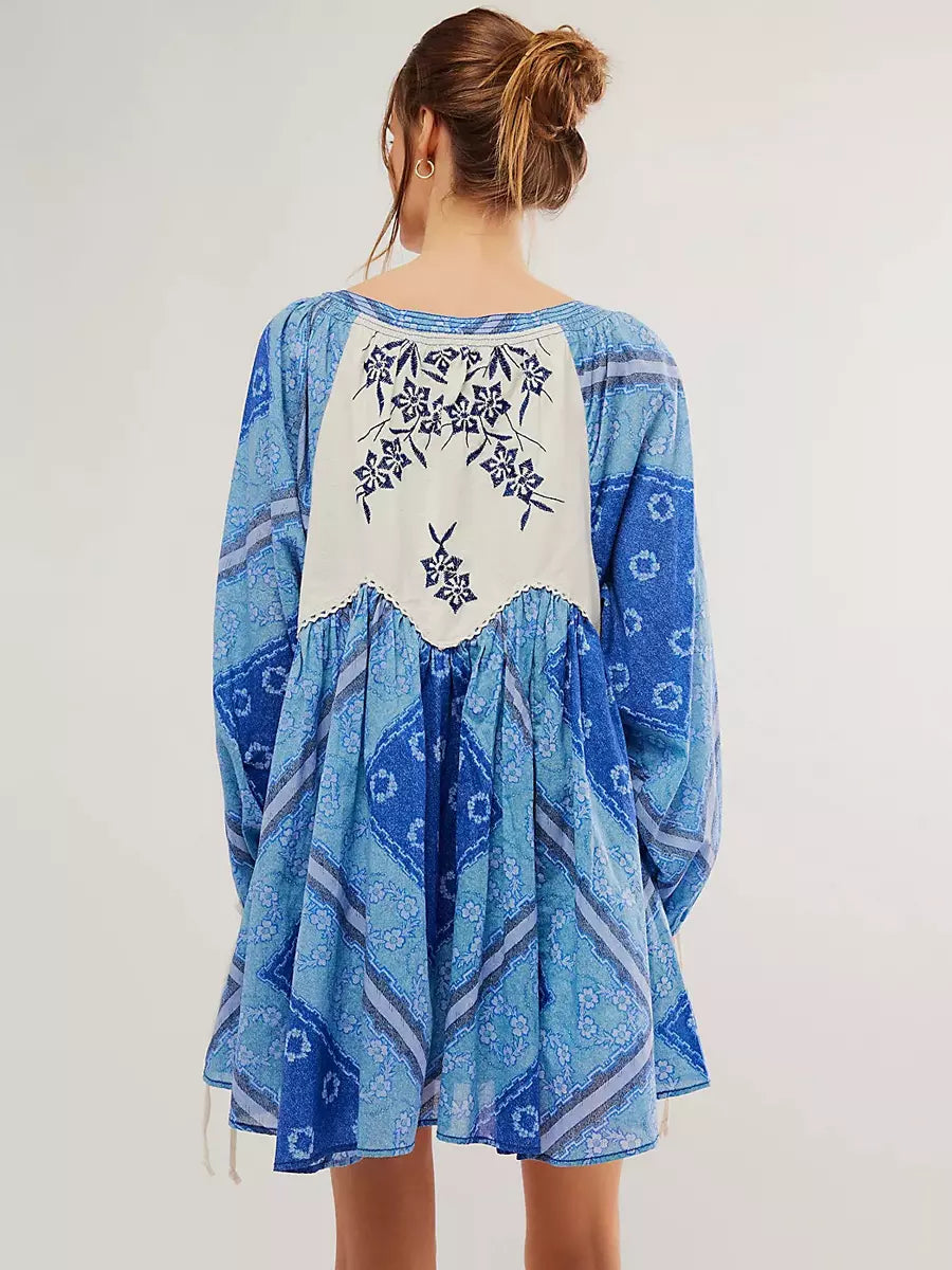 Casual V-neck Printed Over Sized Long Sleeve Lace up Mini Shift Dress