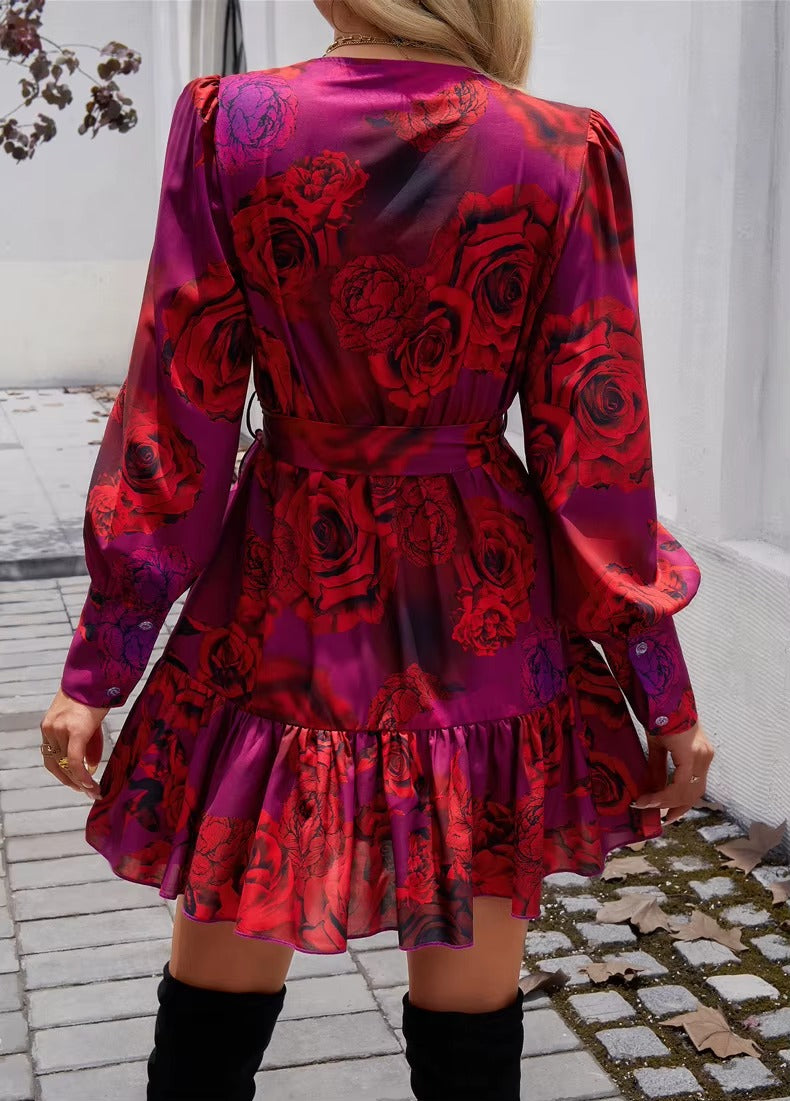 Ruffled Floral Print V-neck Puff Sleeve A-line Vintage Mini Dress