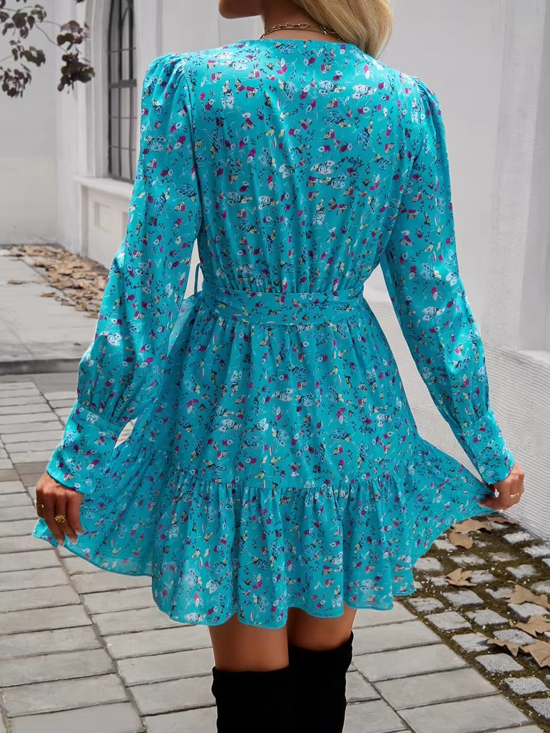 Casual V-neck Puff Sleeve Floral Print Ruffled A-line Mini Dress