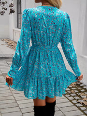 Casual V-neck Puff Sleeve Floral Print Ruffled A-line Mini Dress