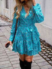 Casual V-neck Puff Sleeve Floral Print Ruffled A-line Mini Dress