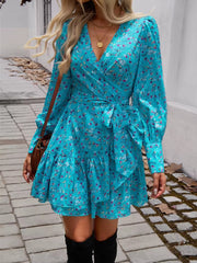 Casual V-neck Puff Sleeve Floral Print Ruffled A-line Mini Dress