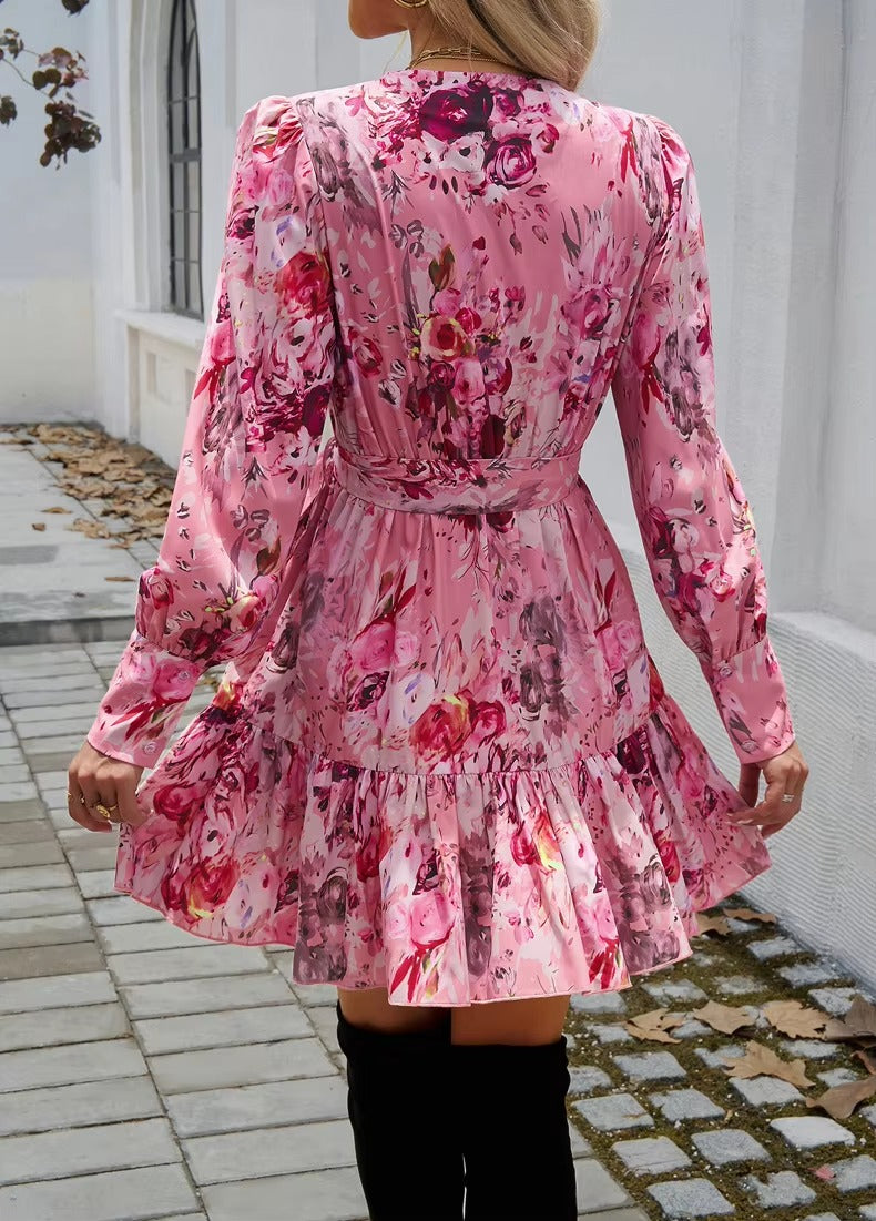 Vintage Ruffled  V-neck Puff Sleeve Floral Print A-line Mini Dress