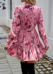 Vintage Ruffled  V-neck Puff Sleeve Floral Print A-line Mini Dress