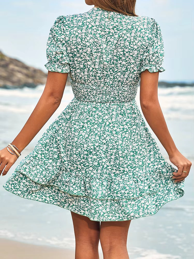 Casual V-neck Ruffled Edge Small Floral Pleated Ruffled Waist Mini Dress