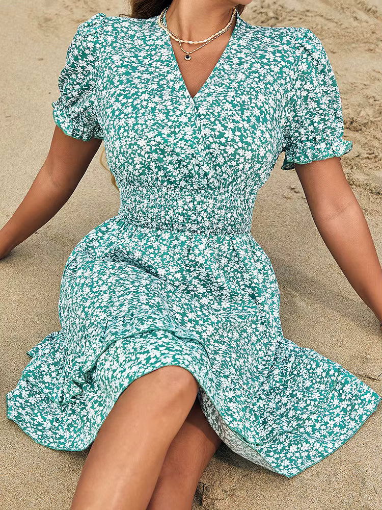 Casual V-neck Ruffled Edge Small Floral Pleated Ruffled Waist Mini Dress