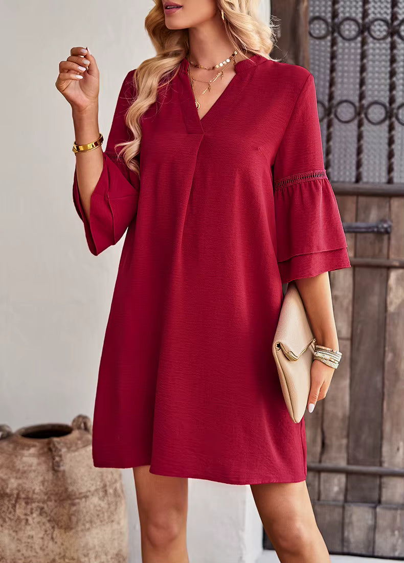 Casual V-neck Ruffles Short Sleeve Loose Mini Dress