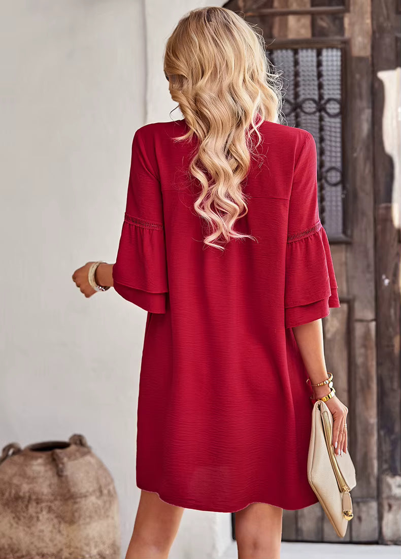 Casual V-neck Ruffles Short Sleeve Loose Mini Dress