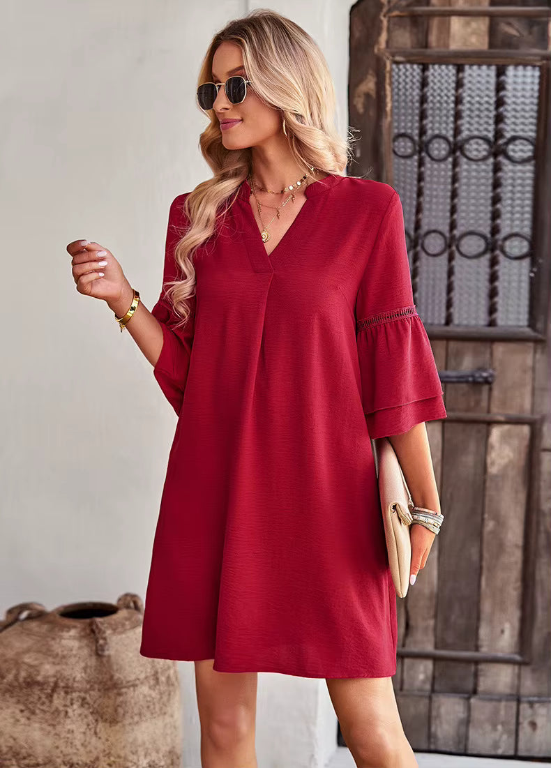 Casual V-neck Ruffles Short Sleeve Loose Mini Dress