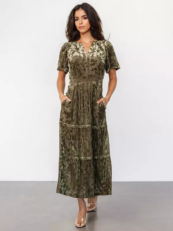 Casual Floral Print V-neck Short Sleeve Floral Velvet Dress
