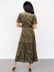 Casual Floral Print V-neck Short Sleeve Floral Velvet Dress