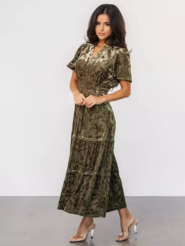 Casual Floral Print V-neck Short Sleeve Floral Velvet Dress