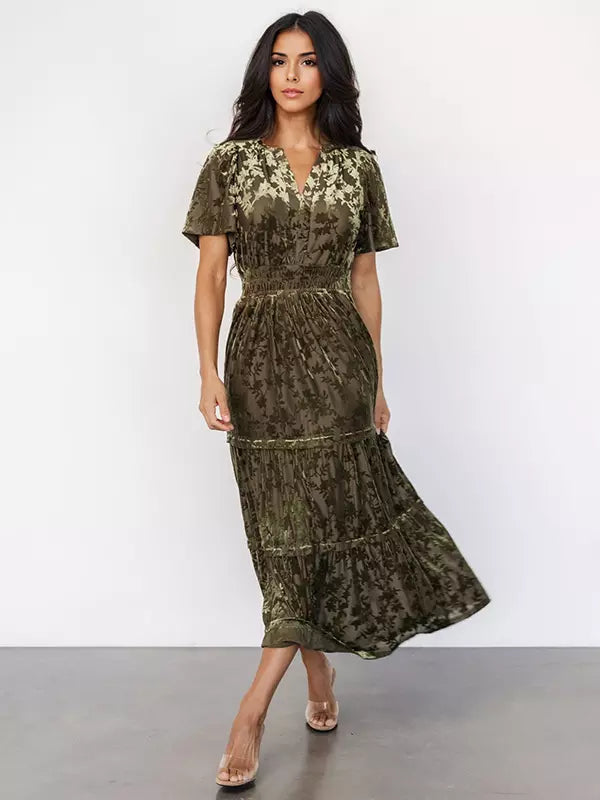 Casual Floral Print V-neck Short Sleeve Floral Velvet Dress