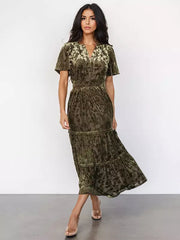 Casual Floral Print V-neck Short Sleeve Floral Velvet Dress