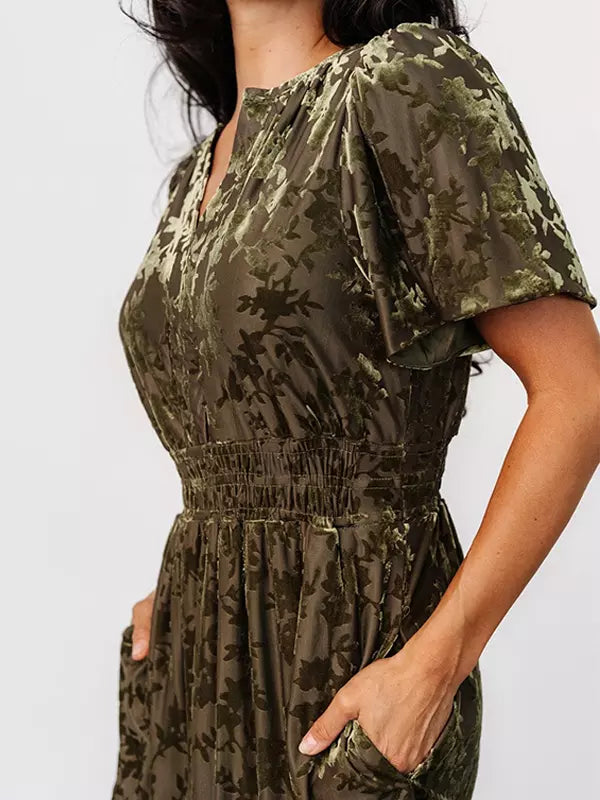 Casual Floral Print V-neck Short Sleeve Floral Velvet Dress
