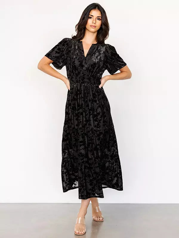 Casual Floral Print V-neck Short Sleeve Floral Velvet Dress