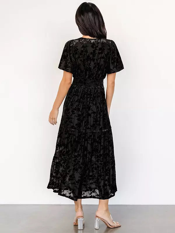 Casual Floral Print V-neck Short Sleeve Floral Velvet Dress