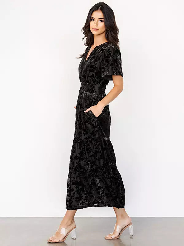 Casual Floral Print V-neck Short Sleeve Floral Velvet Dress