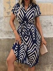 Casual V-neck Short Sleeved Stripe Belt Comfortable Dress