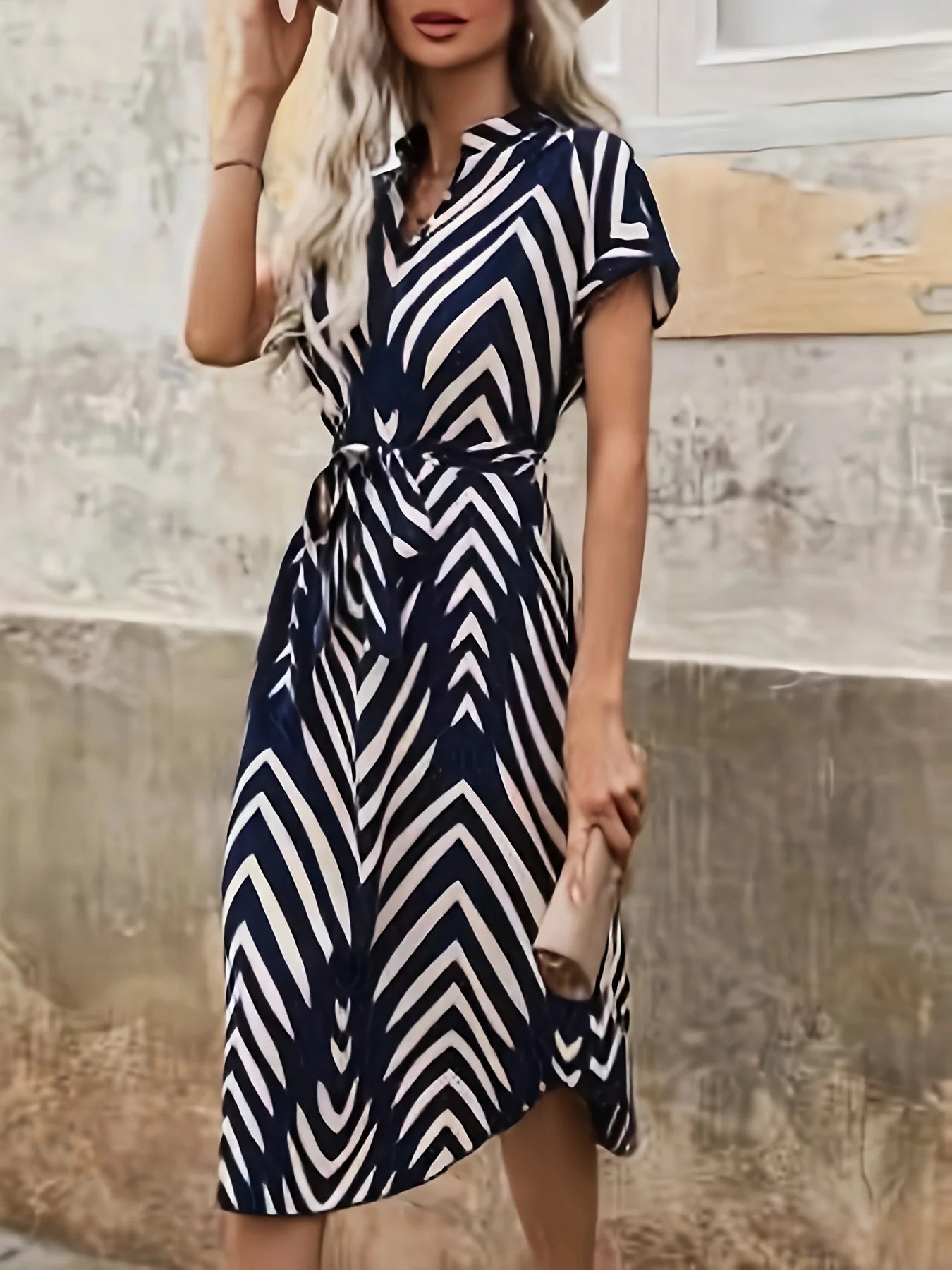 Casual V-neck Short Sleeved Stripe Belt Comfortable Dress