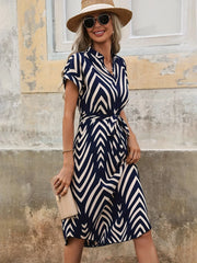Casual V-neck Short Sleeved Stripe Belt Comfortable Dress