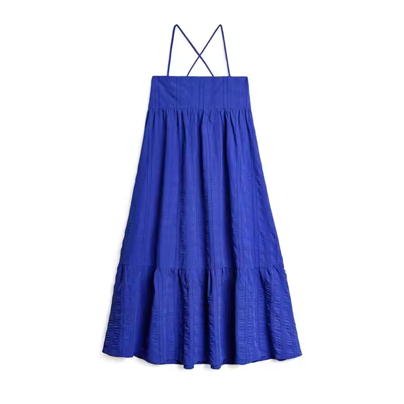 Casual Seersucker Sleeveless A-Line Strappy  Beach Vacation Long Slip Dress