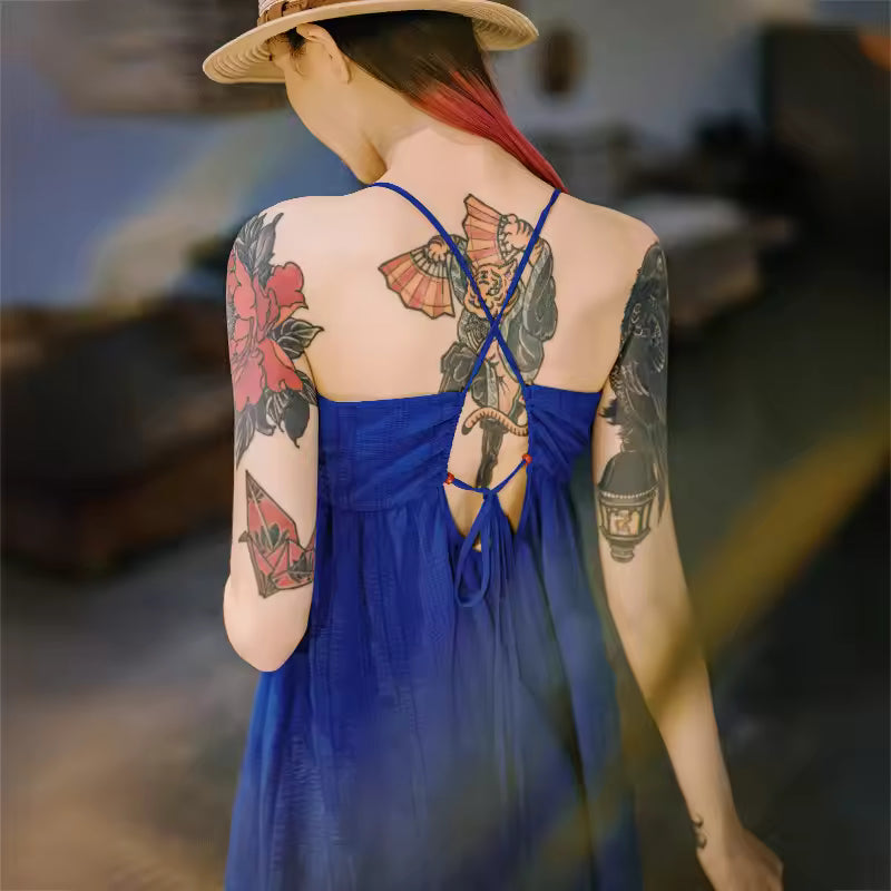 Casual Seersucker Sleeveless A-Line Strappy  Beach Vacation Long Slip Dress