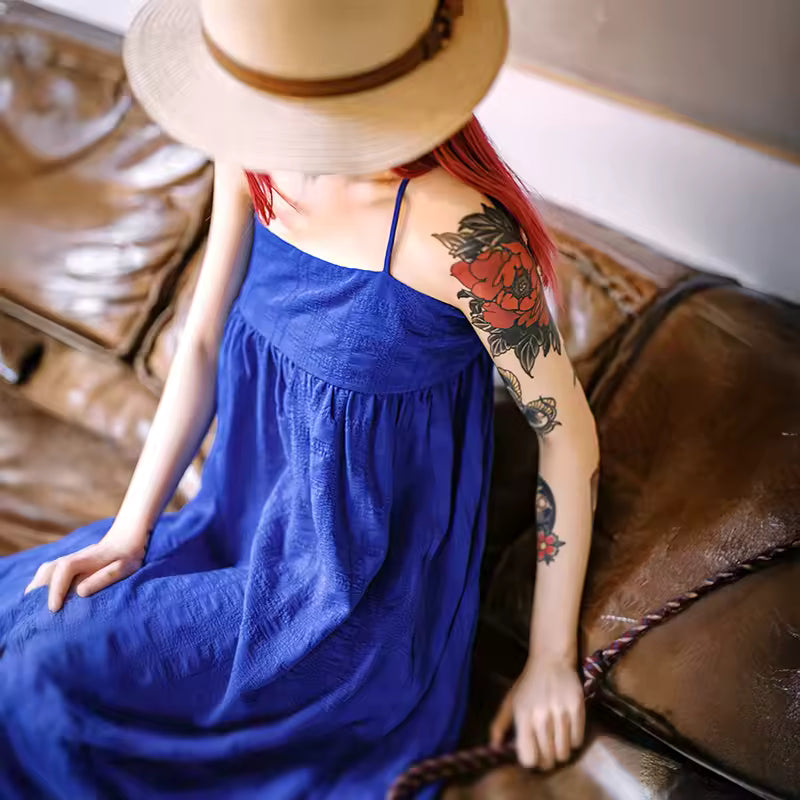 Casual Seersucker Sleeveless A-Line Strappy  Beach Vacation Long Slip Dress