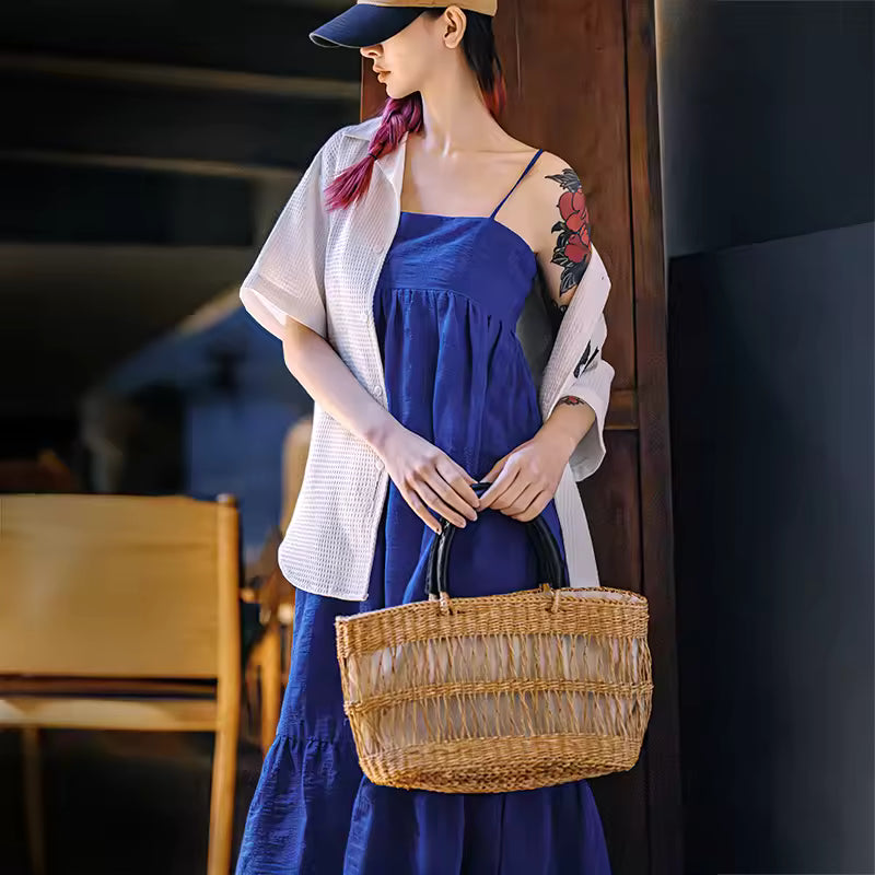 Casual Seersucker Sleeveless A-Line Strappy  Beach Vacation Long Slip Dress