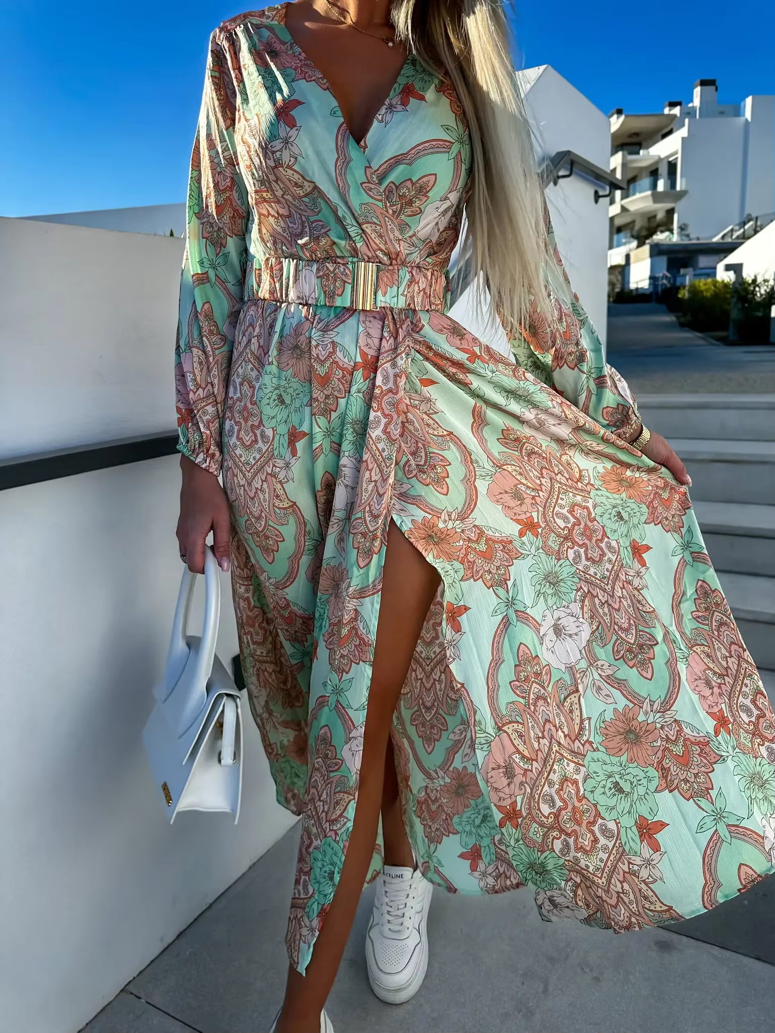 Casual Versatile Beach Style Printed V-Neck With Belt Midi Dress