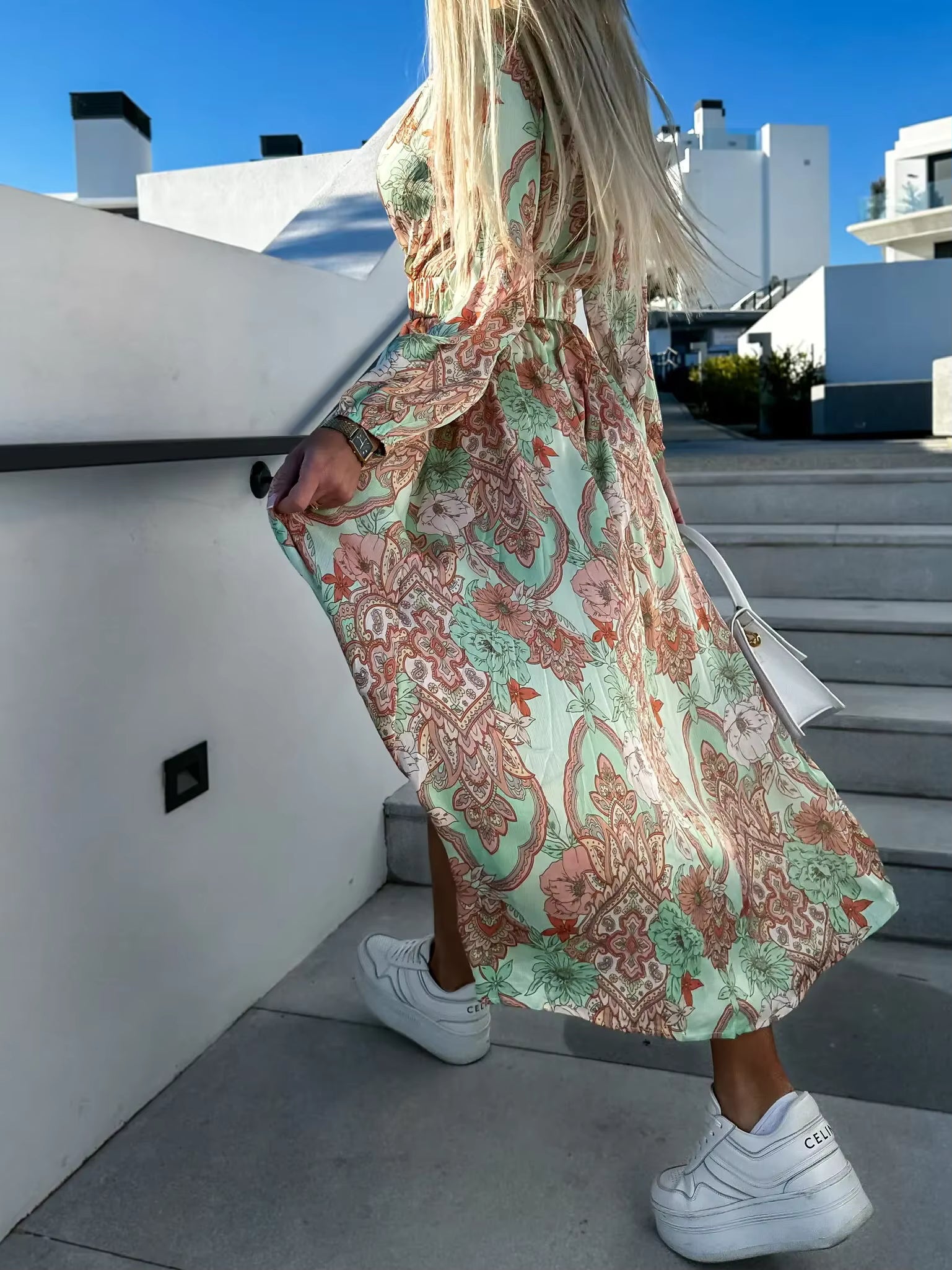 Casual Versatile Beach Style Printed V-Neck With Belt Midi Dress