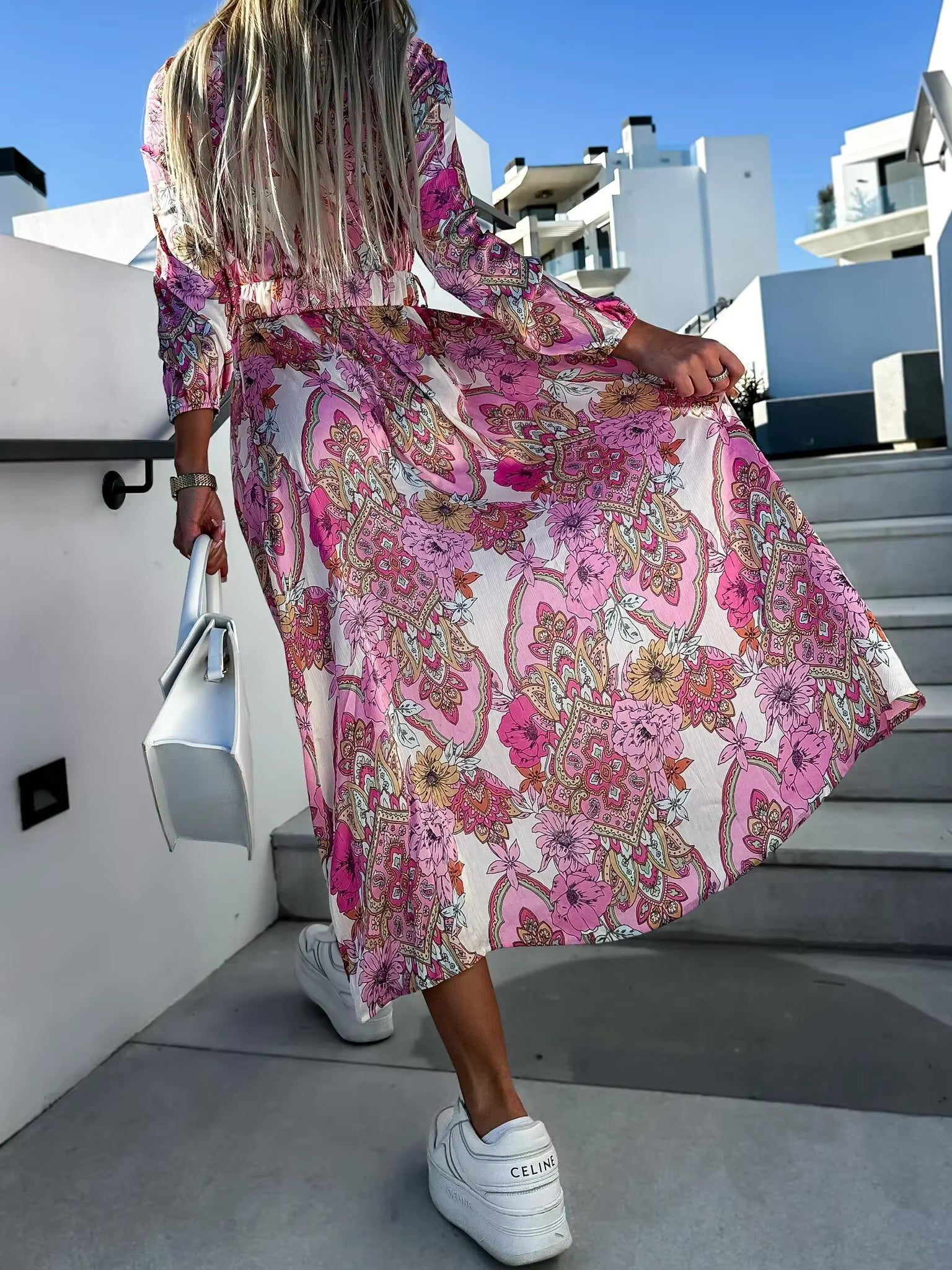 Casual Versatile Beach Style Printed V-Neck With Belt Midi Dress