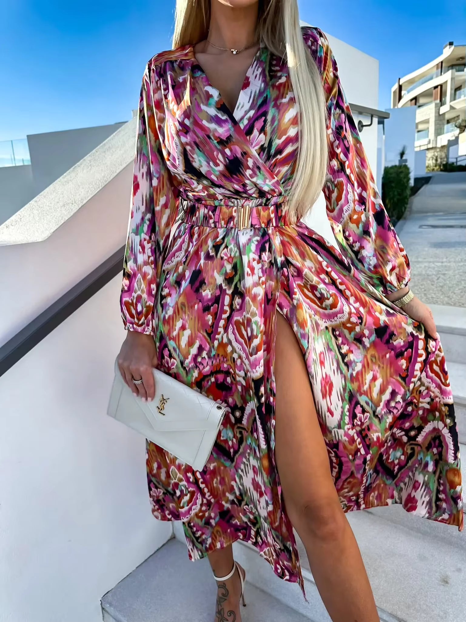 Casual Versatile Beach Style Printed V-Neck With Belt Midi Dress
