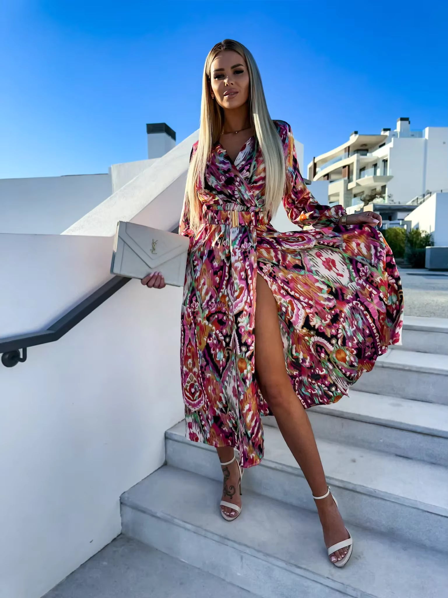 Casual Versatile Beach Style Printed V-Neck With Belt Midi Dress