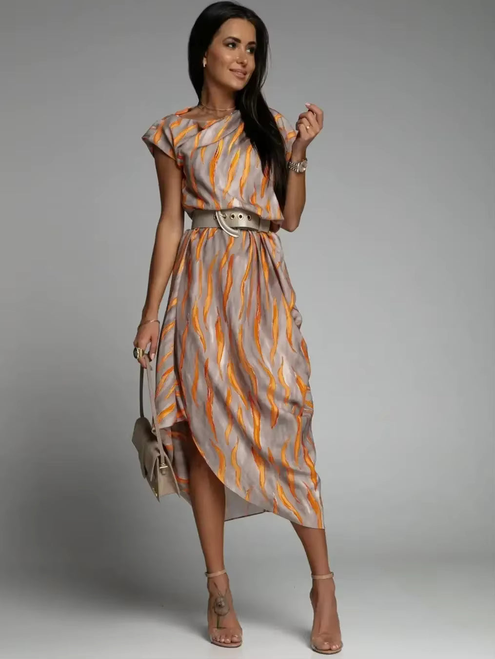 Casual Versatile Street Style Fit And Flare Print With Belt Midi Dress