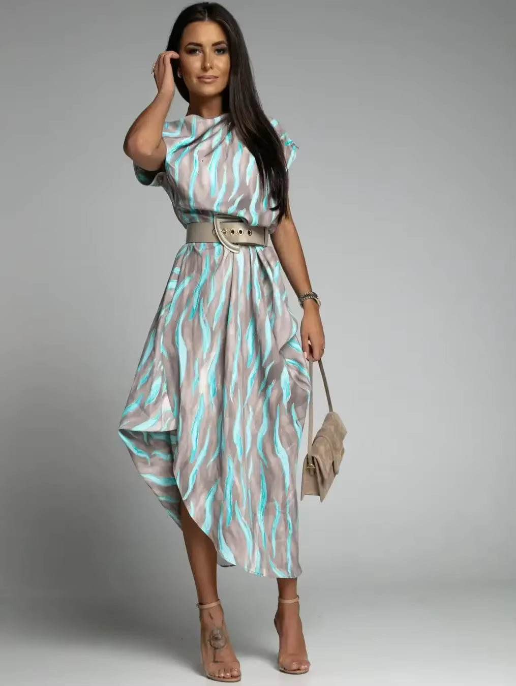 Casual Versatile Street Style Fit And Flare Print With Belt Midi Dress