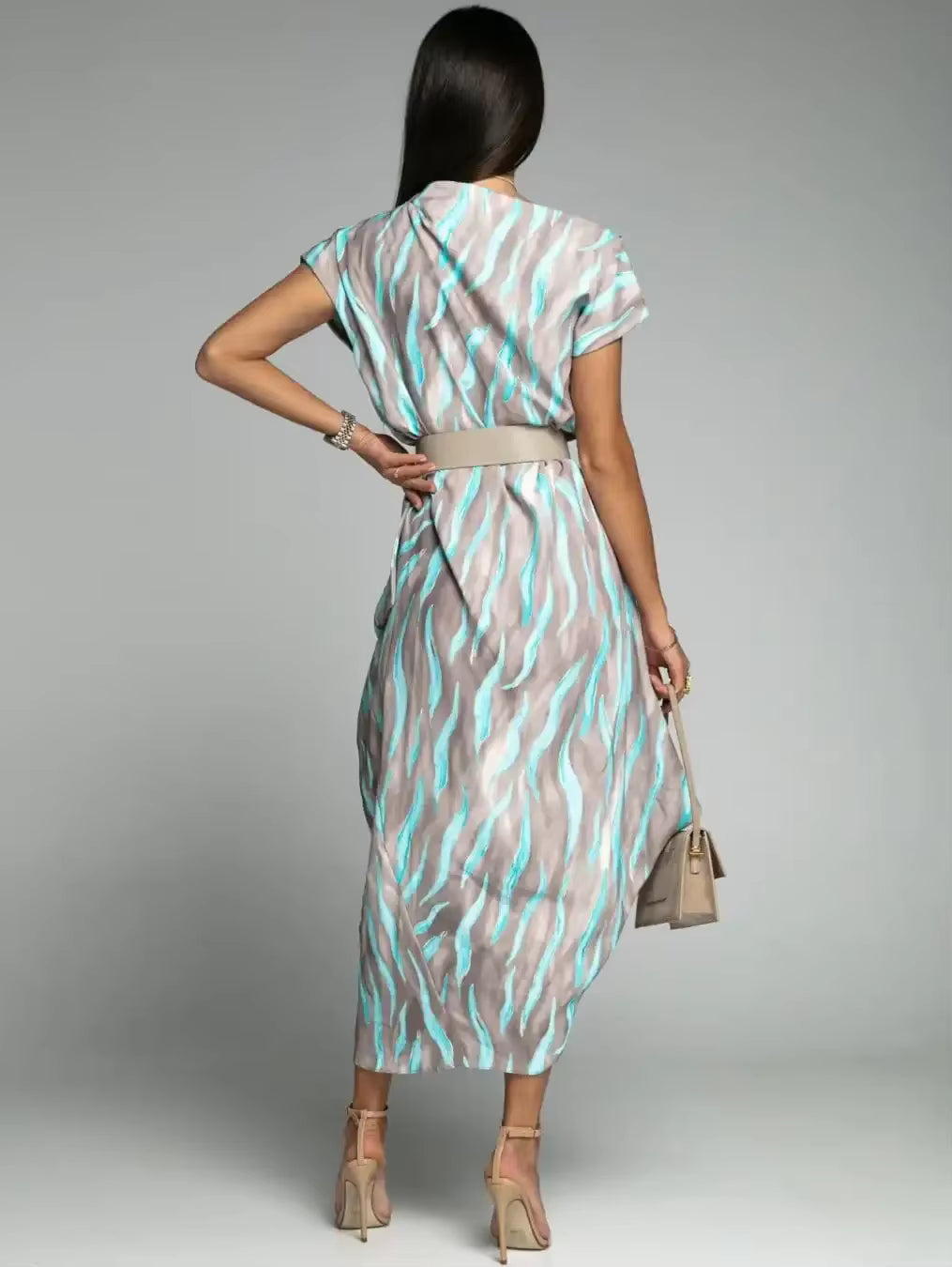 Casual Versatile Street Style Fit And Flare Print With Belt Midi Dress