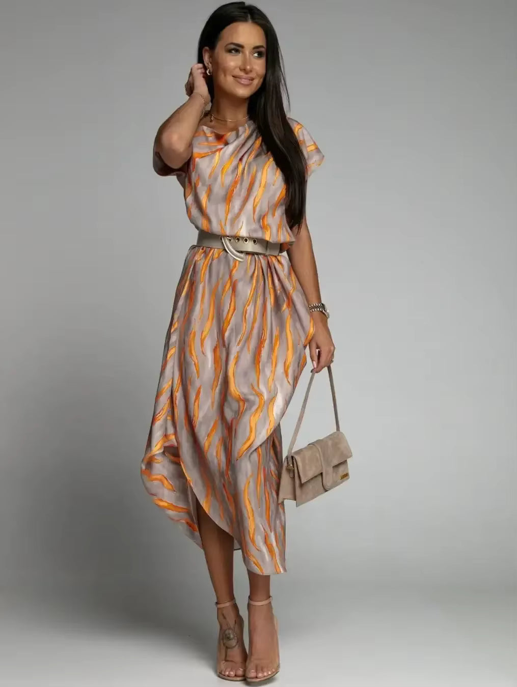 Casual Versatile Street Style Fit And Flare Print With Belt Midi Dress