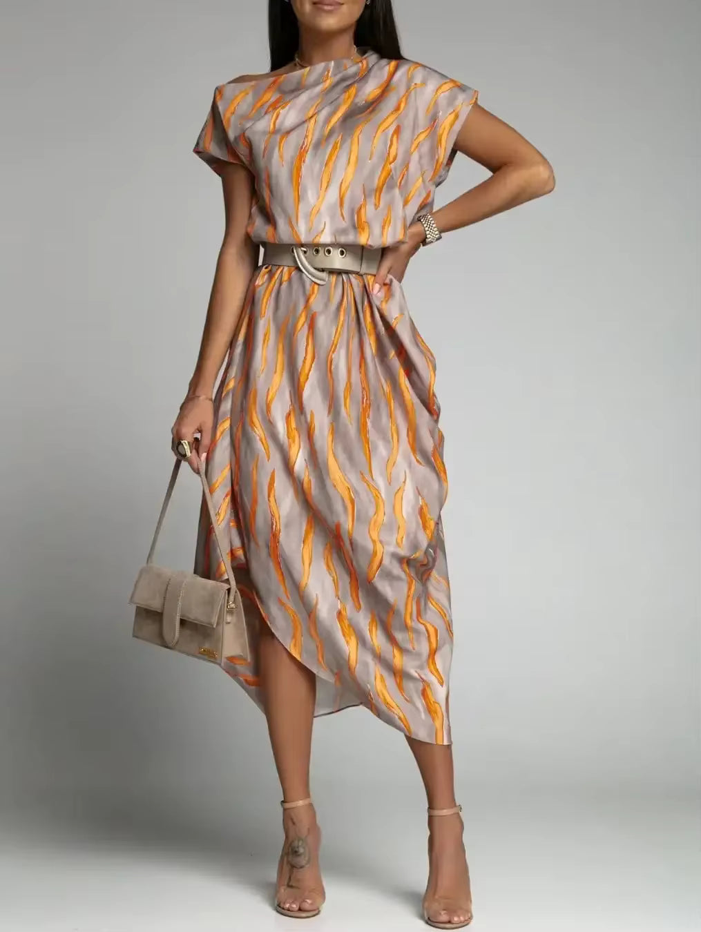Casual Versatile Street Style Fit And Flare Print With Belt Midi Dress
