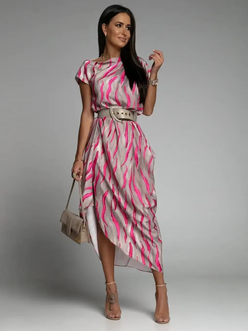 Casual Versatile Street Style Fit And Flare Print With Belt Midi Dress