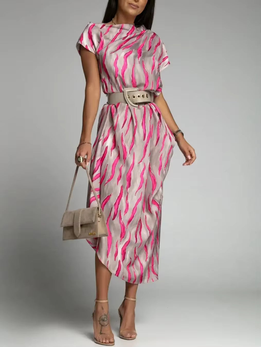 Casual Versatile Street Style Fit And Flare Print With Belt Midi Dress