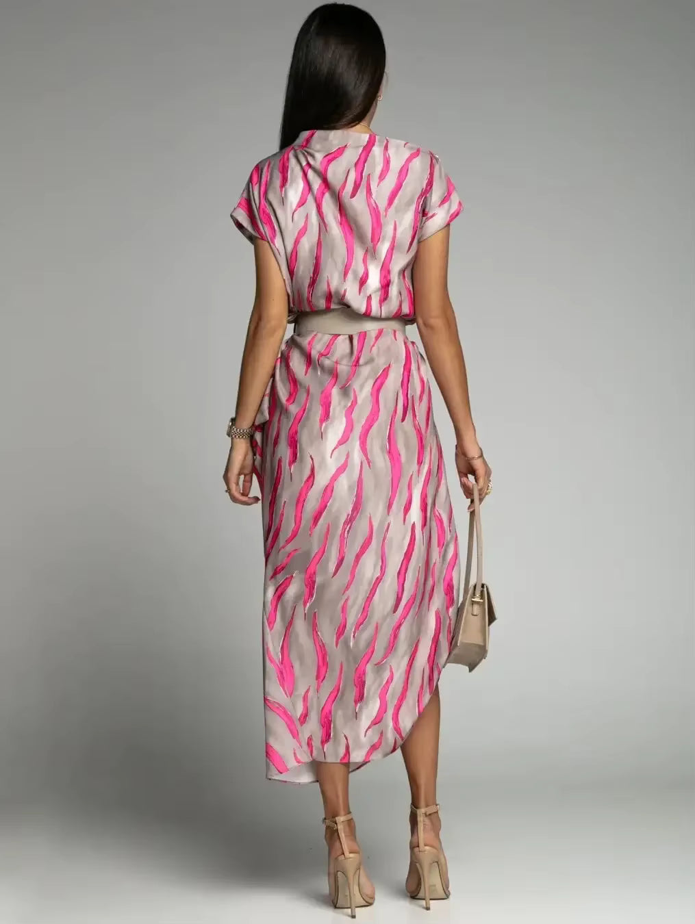 Casual Versatile Street Style Fit And Flare Print With Belt Midi Dress