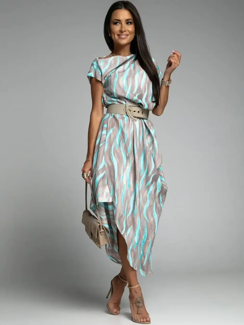 Casual Versatile Street Style Fit And Flare Print With Belt Midi Dress