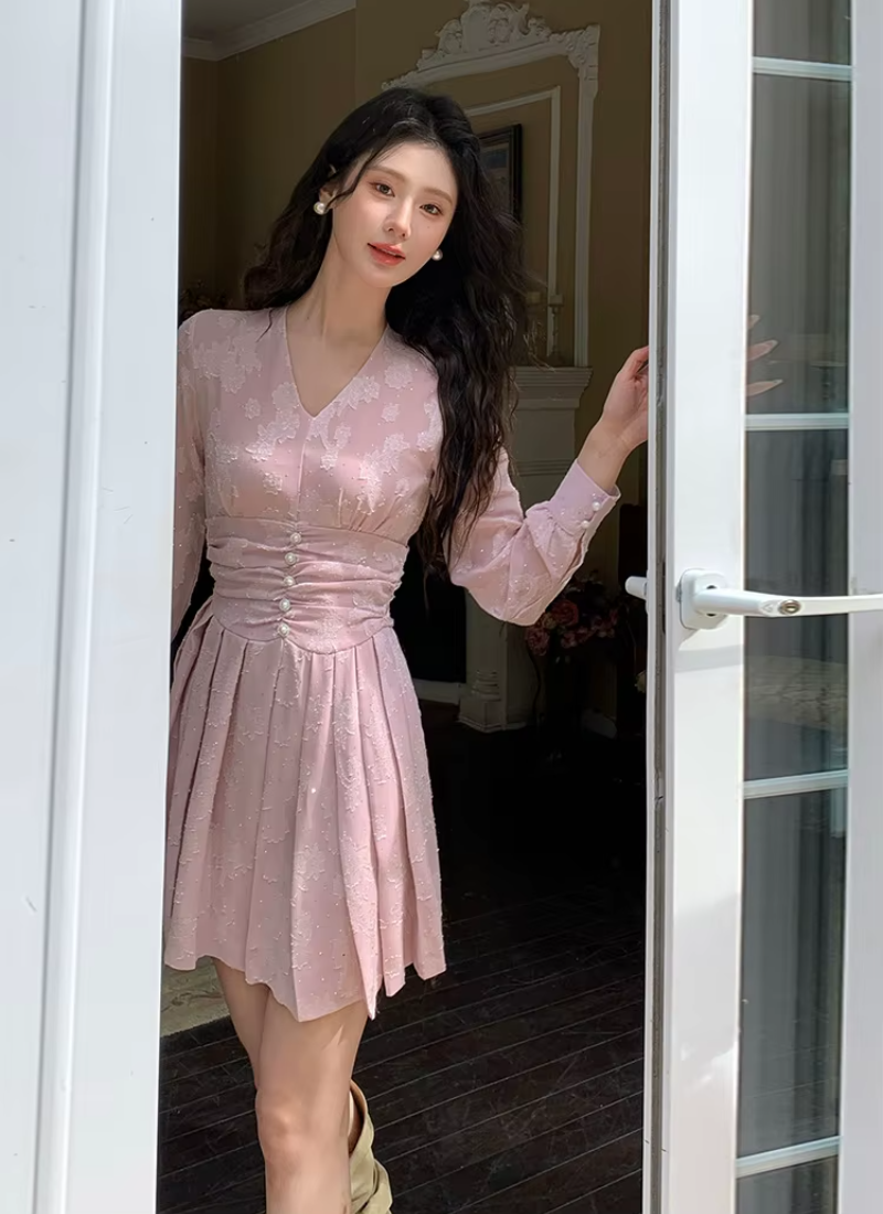 Casual Vintage Print V-Neck Slim Mini Short Pleated Dress