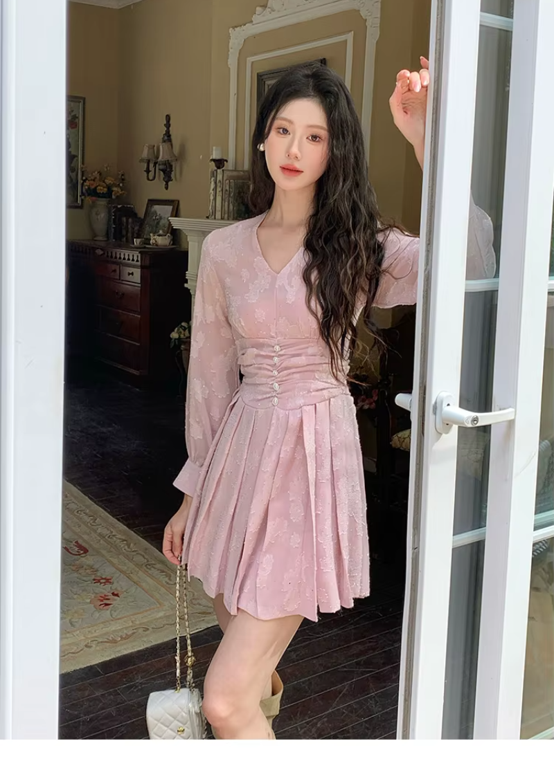 Casual Vintage Print V-Neck Slim Mini Short Pleated Dress